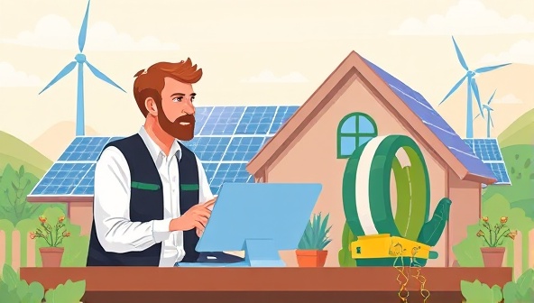An engaging digital illustration featuring a virtual consultation session between a renewable energy expert and a homeowner, with solar panels and wind turbines in the background, symbolizing sustainability and innovation.