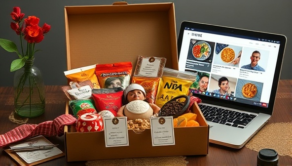 An enticing visual of a beautifully arranged tasting box filled with an assortment of global snacks, accompanied by small tasting cards and a laptop screen showing a virtual tasting session in progress, evoking a sense of culinary discovery and cultural connection.