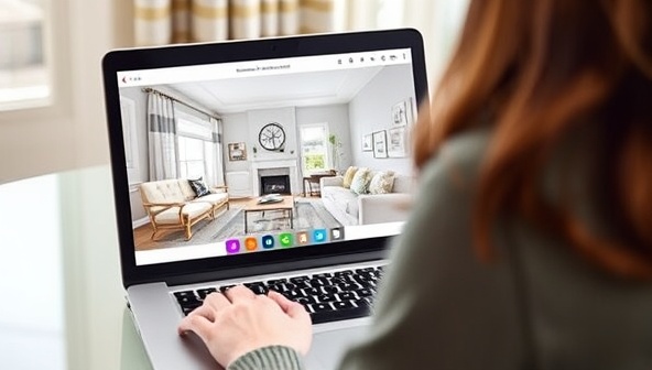 A laptop displaying a virtual interior design consultation session with a designer sharing screen visuals of room layouts, color schemes, and furniture suggestions, creating a collaborative and inspiring design process.