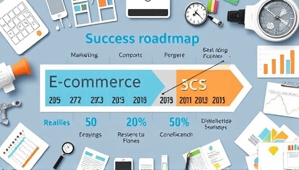 An engaging visual representation of an e-commerce success roadmap with key milestones and growth strategies, surrounded by digital marketing tools and sales analytics, illustrating the impactful guidance provided by EcomMentor Solutions in optimizing online sales.
