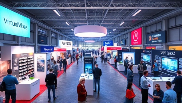 An immersive visual representation of VirtualVibes platform, featuring a digital 3D expo hall filled with virtual booths, interactive displays, and avatars engaging in networking activities, illustrating the dynamic and engaging nature of the virtual event experience.