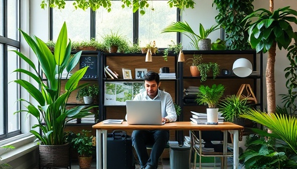 An office setting with a web designer surrounded by lush greenery, eco-friendly design materials, and sustainable energy sources, emphasizing the harmonious integration of nature and technology in the EcoWebSustain consultancy, symbolizing environmental stewardship and innovation in web design sustainability.