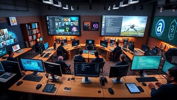 An online workshop environment with virtual classrooms, interactive coding tutorials, and 3D modeling tools, surrounded by digital representations of game development concepts and projects, creating an immersive and educational setting for aspiring game developers.