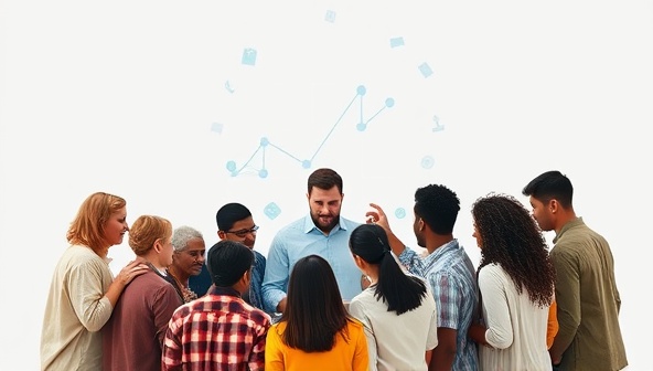 An image of a diverse group of people from various backgrounds gathered around a digital platform, actively discussing investment opportunities and community projects, symbolizing collaboration and financial growth at a grassroots level.