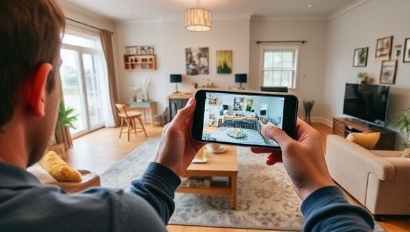 An engaging visual of a user using the RenovAR app to overlay different furniture styles and colors in their living room, showcasing the app's interactive and transformative capabilities in real-time home renovation visualization.