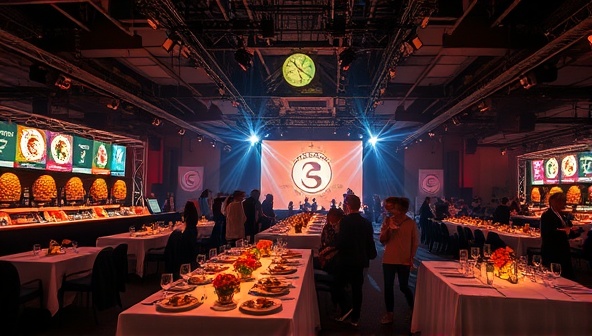 An atmospheric event space transformed into a sensory dining experience, featuring visually stunning food displays, interactive tasting stations, and live performances, creating a vibrant and engaging environment for a unique culinary adventure.
