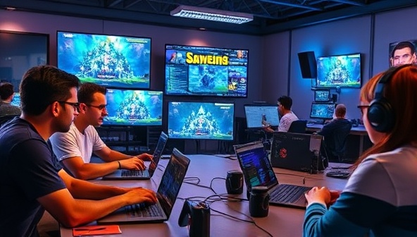 An engaging image of a virtual game development bootcamp session, showing students collaborating on game projects, coding on laptops, and receiving guidance from experienced instructors in a dynamic and interactive online learning environment, highlighting the hands-on and practical nature of the courses.