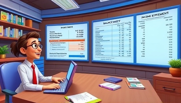 An interactive gaming environment with animated accountants exploring virtual balance sheets and income statements in a colorful and engaging setting, illustrating the immersive and educational experience offered by BeanCounters Quest's gamified accounting learning platform.