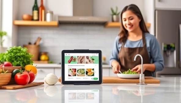A sleek and modern kitchen countertop with neatly arranged fresh ingredients, a tablet displaying the SmartEats app with personalized meal plans, and a person joyfully cooking a nutritious meal, embodying health and convenience.