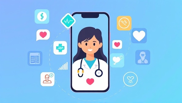 An illustration of a smartphone screen displaying a friendly virtual assistant avatar surrounded by medical icons and a heart rate monitor, symbolizing accessible and reliable healthcare guidance at your fingertips.