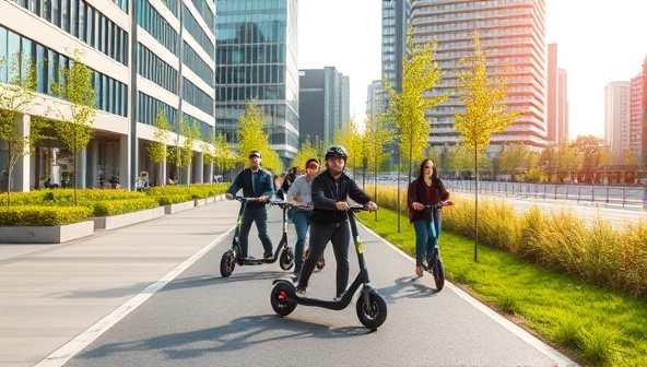 An urban setting with people riding electric scooters along bike lanes, with modern buildings and green spaces in the background, illustrating a sustainable and convenient transportation solution.