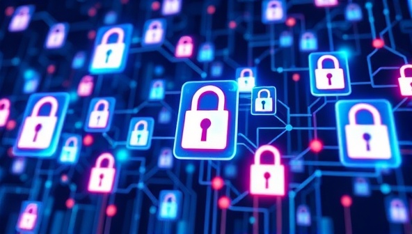 A futuristic digital network of interconnected blockchain blocks representing pharmaceutical products moving securely through the supply chain, surrounded by locks and shields symbolizing data security and authenticity, illustrating the innovation and reliability of MediSecure Blockchain's drug authentication system.