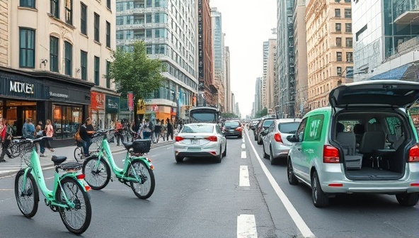 An urban scene with a bustling city street featuring electric bikes, scooters, and car-sharing vehicles, highlighting eco-friendly transportation options and reducing carbon footprint in the city.