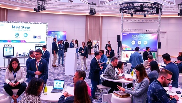 A virtual event space rendered in 3D with interactive booths, a main stage for presentations, and a networking lounge with avatars of attendees engaging in conversations, a diverse group of people attending a virtual event on various devices, illustrating connectivity and engagement.