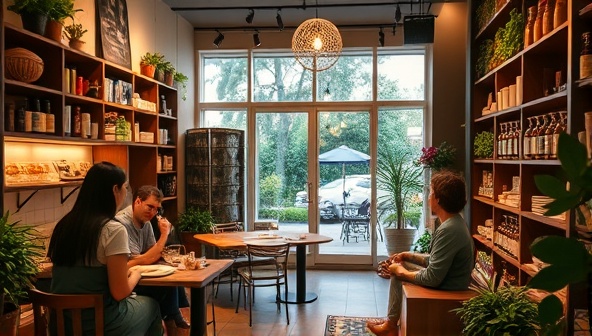 A cozy wellness cafe ambiance with soothing lighting, shelves filled with wellness products, customers enjoying tea and snacks, and a tranquil corner for meditation and relaxation, evoking a sense of calm and rejuvenation.