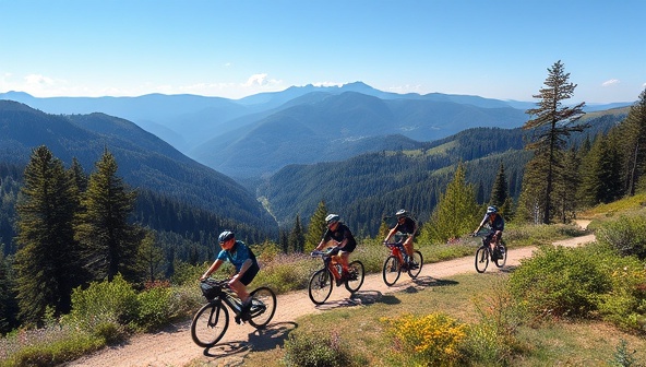 A group of cyclists riding through a picturesque mountain trail with lush forests and stunning vistas in the background, exuding a sense of adventure and exploration in the great outdoors.