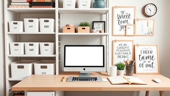 A virtual home office setup with organized shelves, labeled storage bins, and a tidy workspace featuring a laptop for virtual consultations, a stylish planner, and inspirational quotes, creating a productive and clutter-free environment.