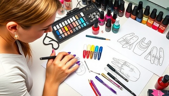 An artistic custom nail art studio setup with a nail artist meticulously painting intricate designs on a client's nails, surrounded by a palette of vibrant nail polish colors, nail art tools, and design sketches, showcasing the creativity and craftsmanship of custom nail artistry.