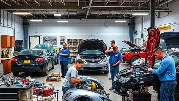 A dynamic workshop scene with students learning various automotive techniques, surrounded by tools, car parts, and instructor guidance, showcasing the hands-on and interactive learning environment of the training center for DIY enthusiasts.