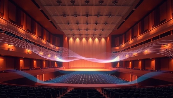 An acoustic visualization of a concert hall showcasing sound waves flowing seamlessly through the space, with advanced sound absorption panels and diffusers integrated into the architectural design, creating a harmonious and immersive acoustic experience, representing the innovative solutions offered by SoundScape Solutions.