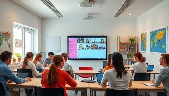 A vibrant digital classroom setting with a diverse group of students engaging with an enthusiastic tutor through video conferencing, showcasing a dynamic and interactive learning environment.