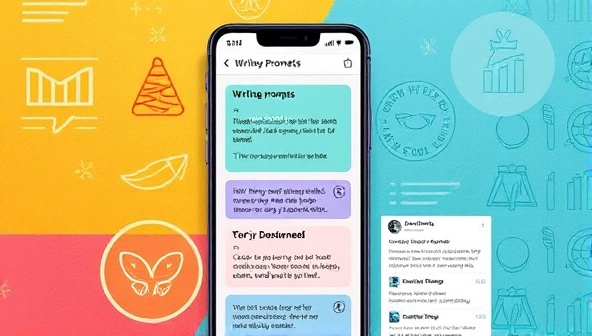 An artistic representation of a mobile screen displaying the app interface with vibrant and engaging writing prompts, interactive elements, and a community feed showcasing user responses, fostering a sense of creativity and collaboration among writers.