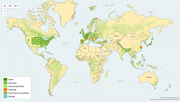 An interactive map interface showing land parcels available for sharing, with icons representing different farming activities and sustainability practices, fostering a sense of community and collaboration in sustainable agriculture.
