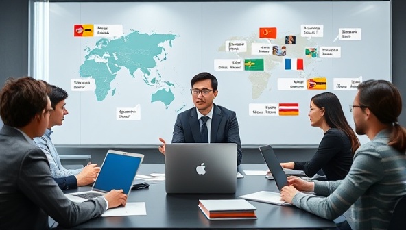 A virtual language translation scenario with a professional translator providing real-time interpretation for a multilingual business meeting, surrounded by language dictionaries, laptops, and global communication tools, illustrating the seamless and efficient language services offered by LingoLink Global.