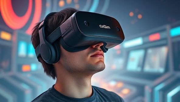 An individual wearing a VR headset, surrounded by a futuristic digital landscape with branded elements seamlessly integrated, illustrating the captivating and cutting-edge nature of VR AdVentures.
