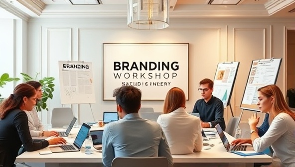 An elegant branding workshop setting with professionals engaged in a branding session, surrounded by mood boards, laptops, and creative tools, reflecting a dynamic and collaborative brand-building environment.