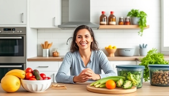 A virtual kitchen setting with a nutritionist conducting a consultation via video call, showcasing fresh fruits, vegetables, and meal prep containers in the background, symbolizing healthy eating habits and personalized nutrition guidance.