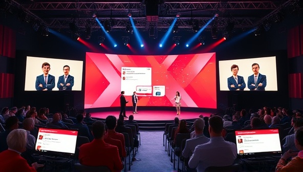 An immersive live streaming event setup featuring a virtual stage with interactive audience avatars, real-time chat interactions, and dynamic poll displays, illustrating the platform's engaging and interactive event experience.