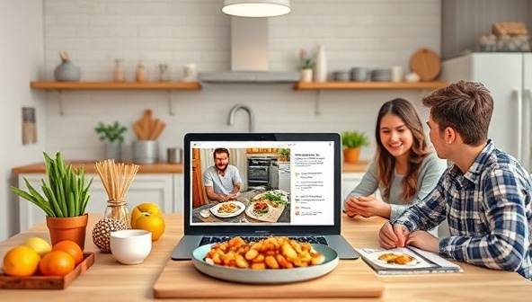 An inclusive virtual kitchen setting with allergy-friendly ingredients, a laptop displaying a cooking tutorial for a specific allergen-free dish, and users engaging in a supportive and informative community discussion, symbolizing a safe and welcoming space for individuals managing food allergies.