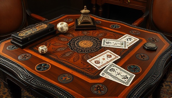 A refined image of a beautifully crafted wooden gaming table adorned with intricate hand-carved dice, ornate playing cards, and elegant gaming accessories, set in a sophisticated and stylish parlor ambiance, showcasing the artisanal charm and bespoke elegance of Crafted Card & Dice Den.