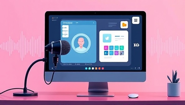 An artistic representation of a voice-activated design assistant interacting with a user on a computer screen, with voice waveforms and design elements in the background, illustrating the seamless integration of voice technology in the design process offered by VoiceDesignPro.