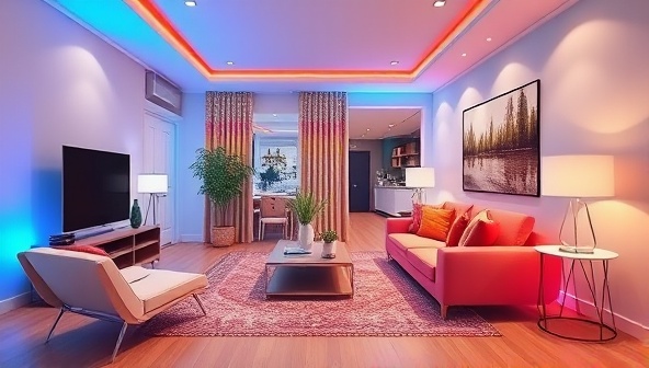 A virtual room rendering showcasing a beautifully designed living space with modern furniture, lighting accents, and vibrant colors, illustrating the transformative power of virtual interior design consultancy.