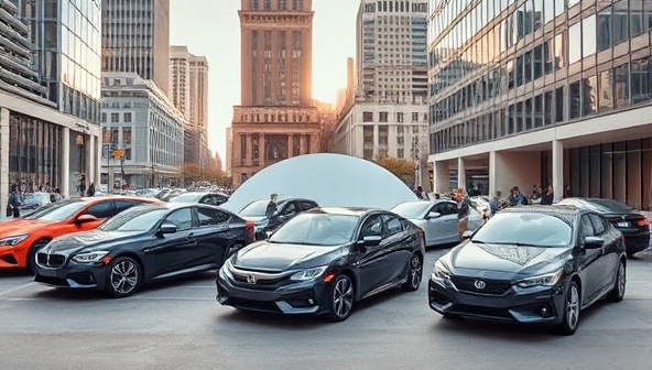 An urban setting showcasing a variety of sleek vehicles available for subscription at DriveFlex Subscription, with modern city buildings in the background and a diverse group of subscribers exploring different car options, illustrating a flexible and convenient car ownership alternative.