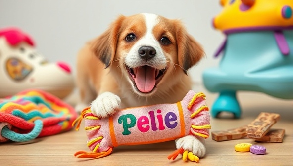 An adorable image of a happy pet playing with a personalized toy from PawPrint Pals, capturing the joy and engagement that personalized pet toys bring to furry companions, surrounded by colorful pet accessories and treats.