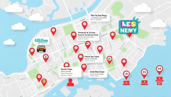 An interactive map illustration showcasing different neighborhoods with popping news bubbles, event notifications, and community forum icons, highlighting the platform's localized and engaging information hub.