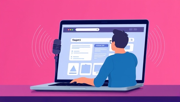 An illustration of a website user interacting with a voice-activated interface on a laptop screen, with voice command waves emanating from the screen, illustrating the seamless integration of voice technology in web design.