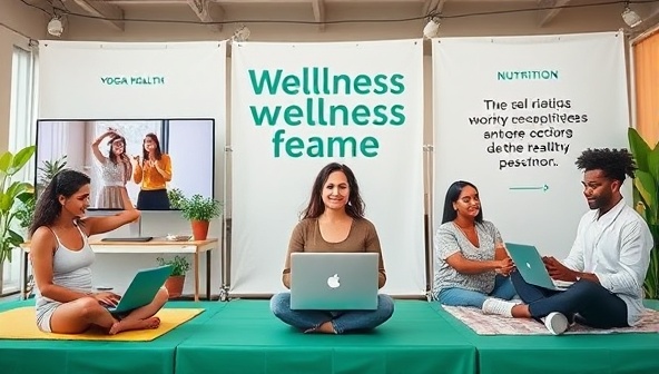A virtual wellness fair scene showcasing a diverse group of remote employees participating in a virtual yoga session, a mental health workshop, and a nutrition seminar, with wellness trackers and motivational quotes in the background, fostering a supportive and healthy remote work environment.