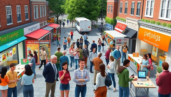 A diverse virtual community event featuring animated avatars of residents mingling in a digital neighborhood square, with virtual booths of local businesses, interactive games, and engaging conversations, illustrating a lively and connected online community.