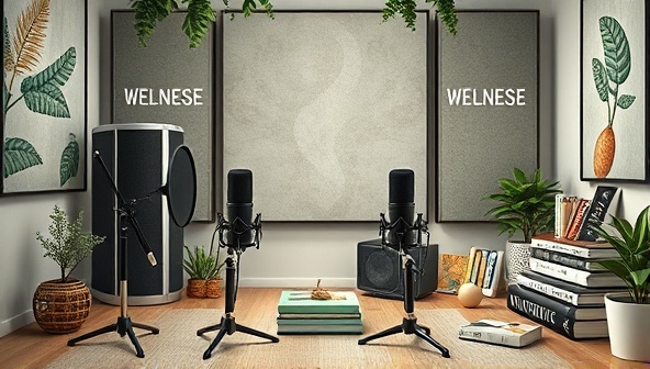 An artistic representation of a podcast studio setup with microphones, soundproofing panels, and recording equipment, surrounded by soothing nature-themed decor and wellness books, evoking a sense of creativity, inspiration, and mindfulness in audio content creation.