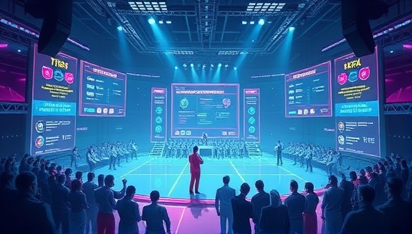 A dynamic visual of a digital arena where designers are competing in a gamified challenge, with progress bars, leaderboards, and creative design elements scattered around, illustrating the exciting and competitive nature of WebQuest Challenges.