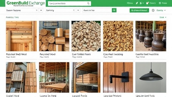 An online marketplace interface showcasing a variety of sustainable construction materials for sale, including recycled wood, eco-friendly insulation, and upcycled metal fixtures, highlighting the diversity and eco-conscious nature of the GreenBuild Exchange platform.