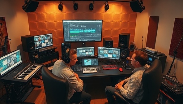 A virtual music production studio setup with musicians collaborating online, mixing tracks, editing audio files, and experimenting with digital instruments, encapsulating the creative energy and collaborative spirit fostered by Harmony Lab Online's music production studio subscriptions.