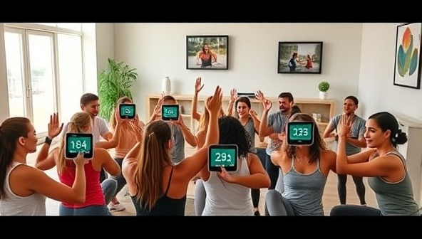 An interactive virtual fitness challenge with diverse participants engaging in workouts from their homes, fitness trackers displaying progress, virtual high-fives and motivational messages, creating a dynamic and inclusive fitness community atmosphere.