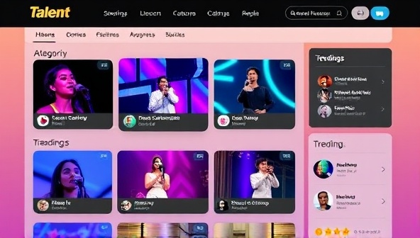 A visually appealing online platform interface showcasing different talent categories with vibrant thumbnails of performances, user engagement features, and a trending section, creating a dynamic and interactive space for talent discovery.