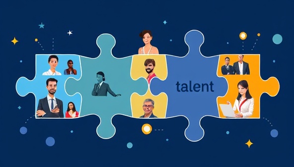 An engaging digital illustration of interconnected puzzle pieces symbolizing the perfect match between talent and job opportunities on the platform, with diverse professionals and businesses depicted on each piece.