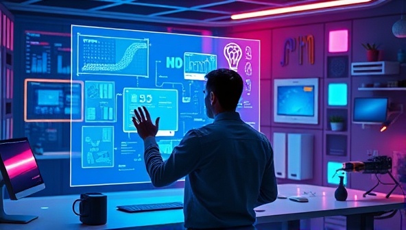 A futuristic workspace featuring a person interacting with a holographic design interface projected in front of them, surrounded by digital elements and vibrant colors, illustrating the cutting-edge AI design technology of DesignBuddy AI.